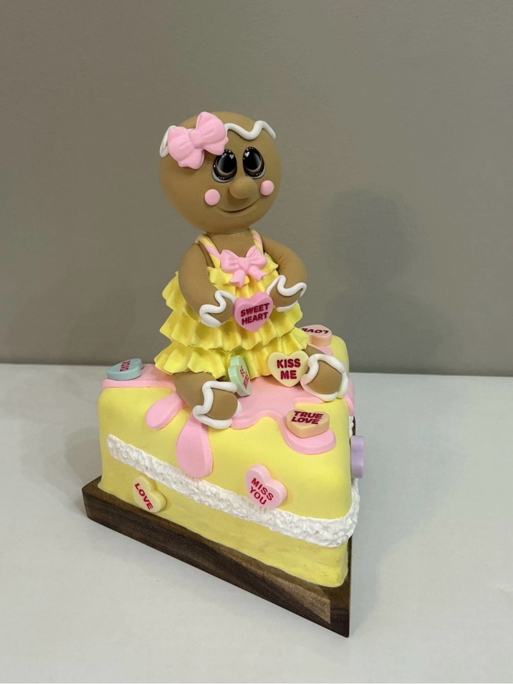 Yellow & Pink Gingerbread Fake Cake Slice on Wood Board Handmade